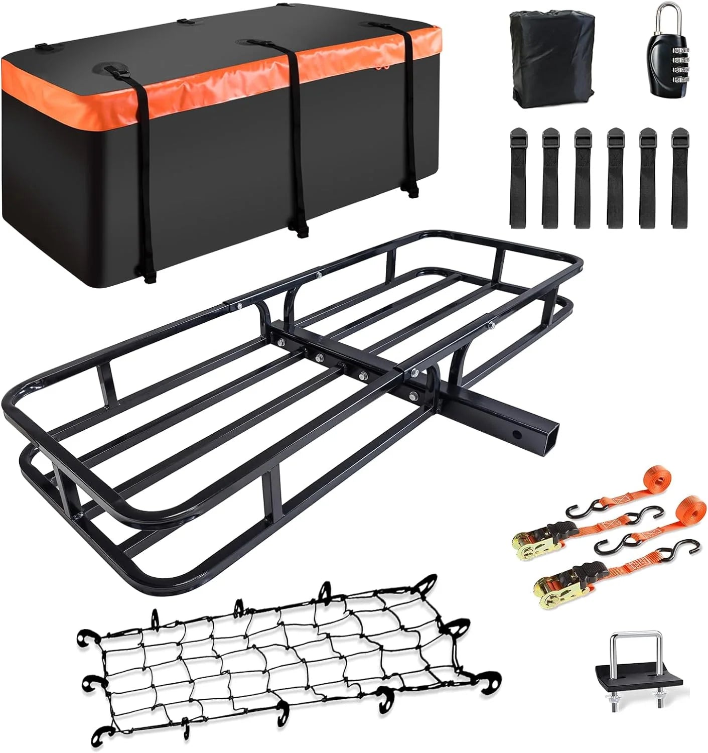 Folding hitch mounted cargo basket 60 With hook stabilizer, net and straps