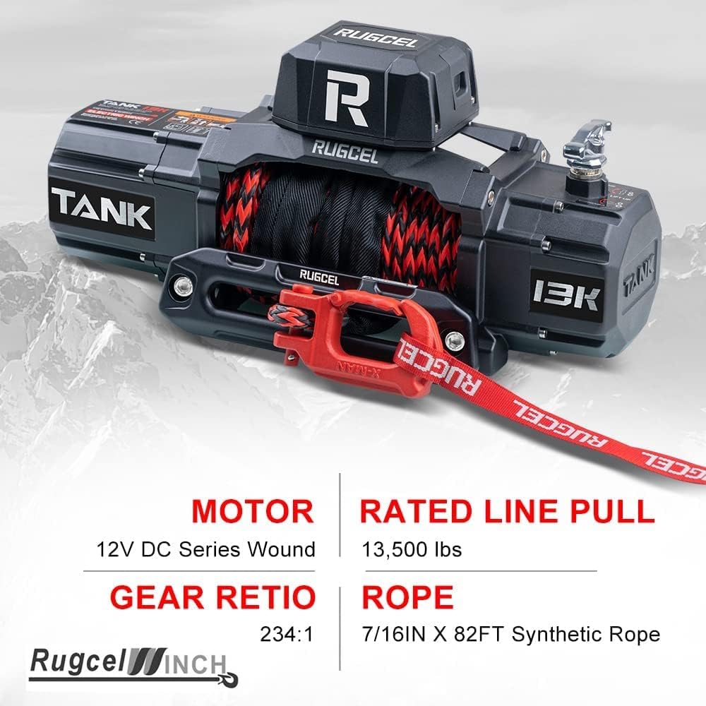 13500lb Waterproof Electric Red Synthetic Rope Winch with Hawse Fairlead, Wired Handle and 2 Wireless Remote (RED)