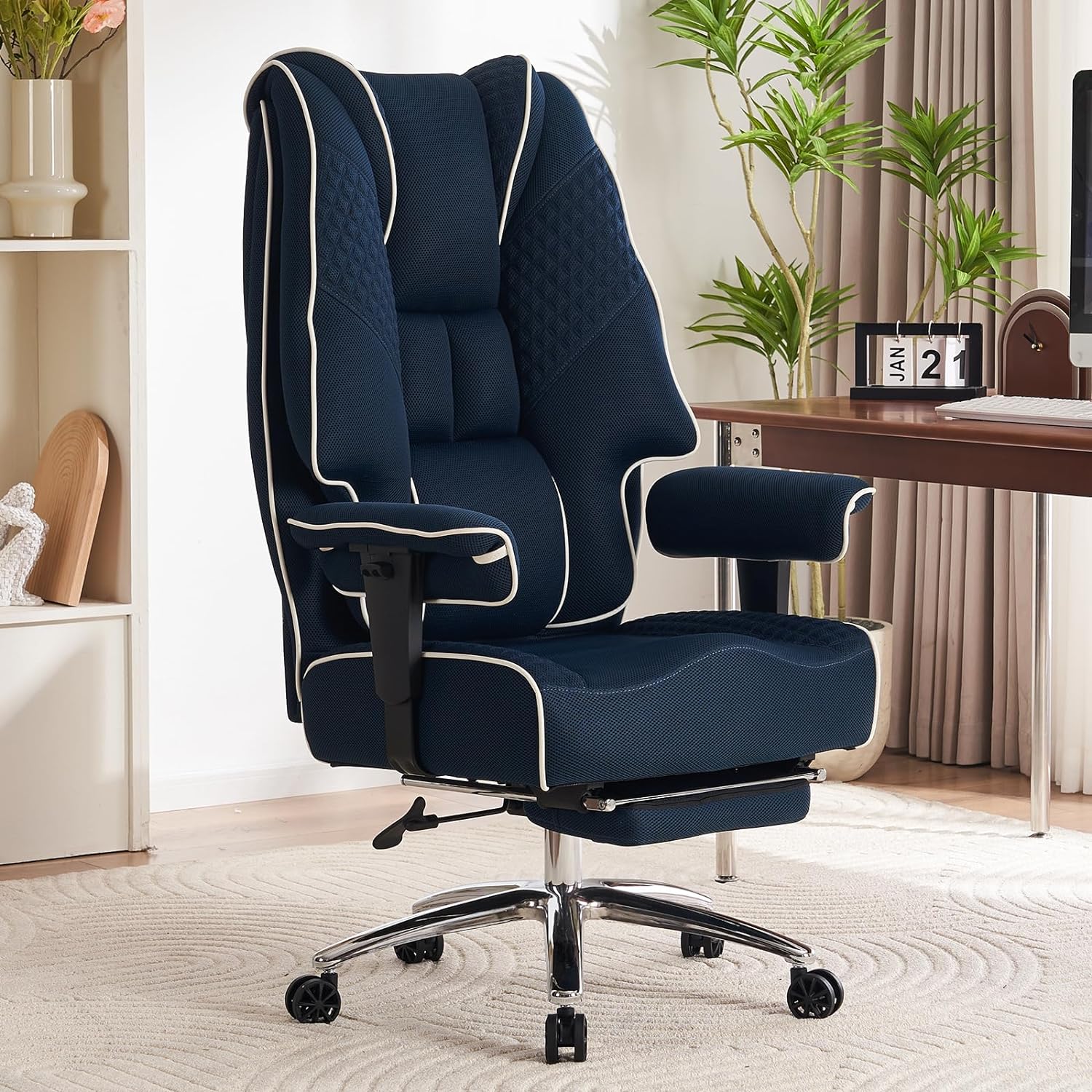 Large Tall Office Chair 400 lbs Wide Seat, Leather High Back Executive Office Chair with Footrest, Ergonomic Office Chair Lumbar Support to Relieve Lower Back Pain (Beige)