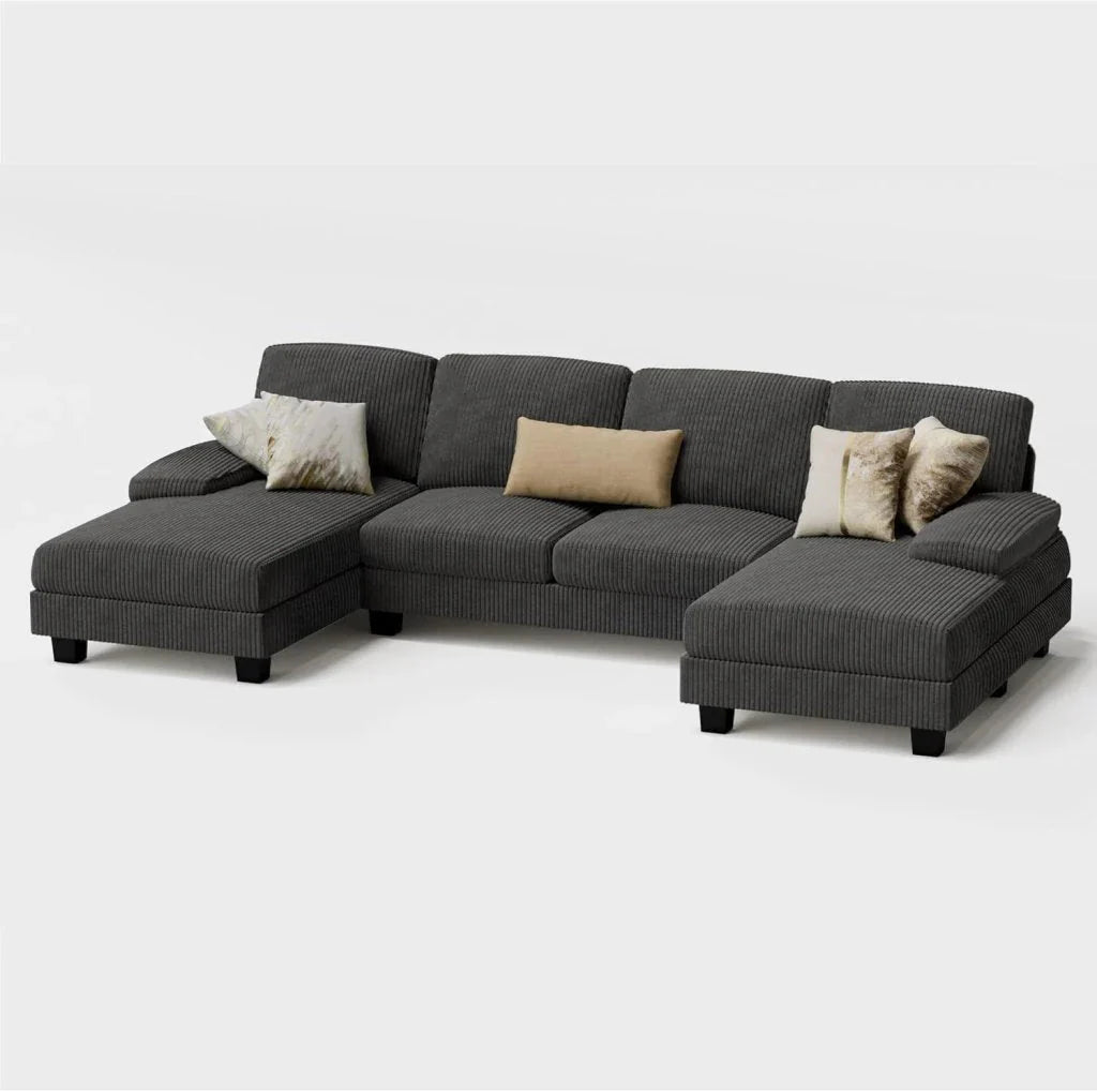 Furmax Sectional Couches for Living Room, U-Shaped Sofa Couch with Linen Fabric, 4 Seat Sofa Set with Double Chaise for Apartment (Fabric, Grey)