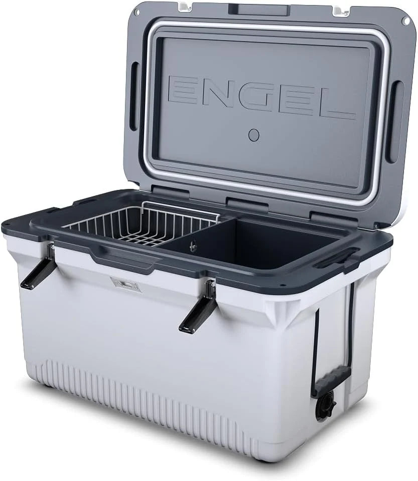 60 QT Ultra-Light Injection Molded Cooler - Ice Chest Keeps Ice up to 7 Days - Large Cooler Includes Wire Basket, Divider and Built-in Bottle Opener