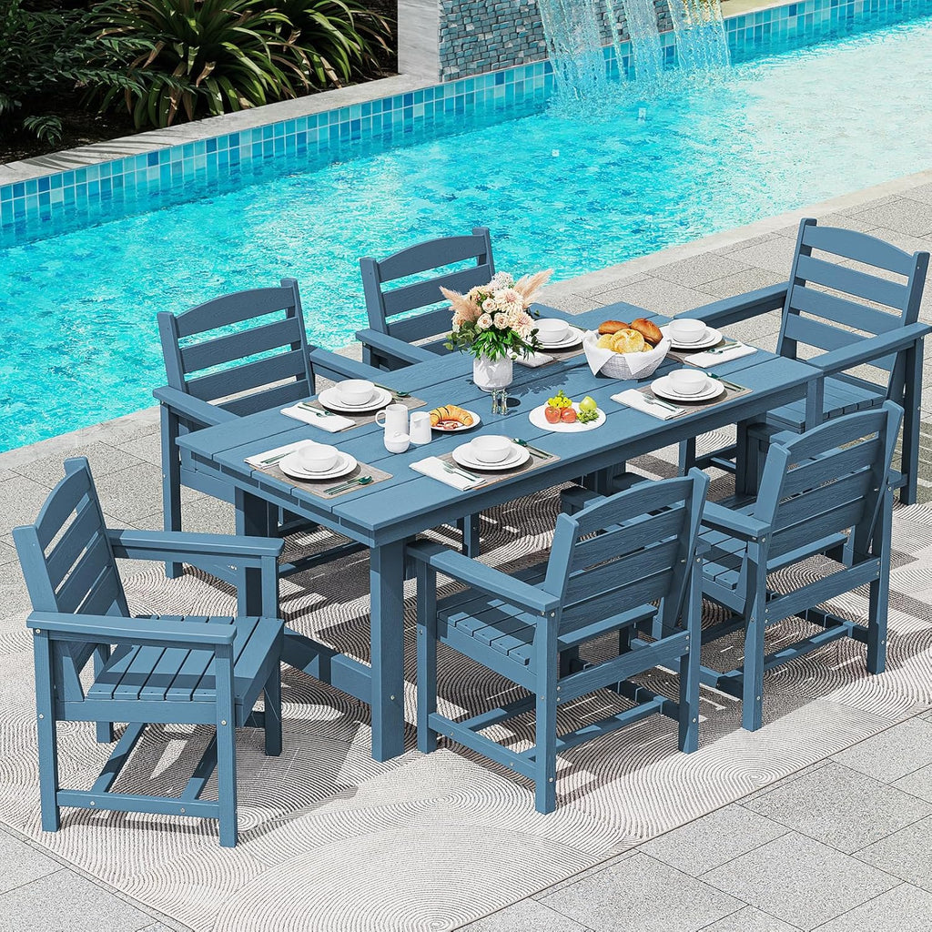 SERWALL 7-Piece Patio Table Set, Outdoor HDPE Dining Furniture with Umbrella Hole, All Weather Table and Chairs for Lawn, Garden, Poolside, Aruba