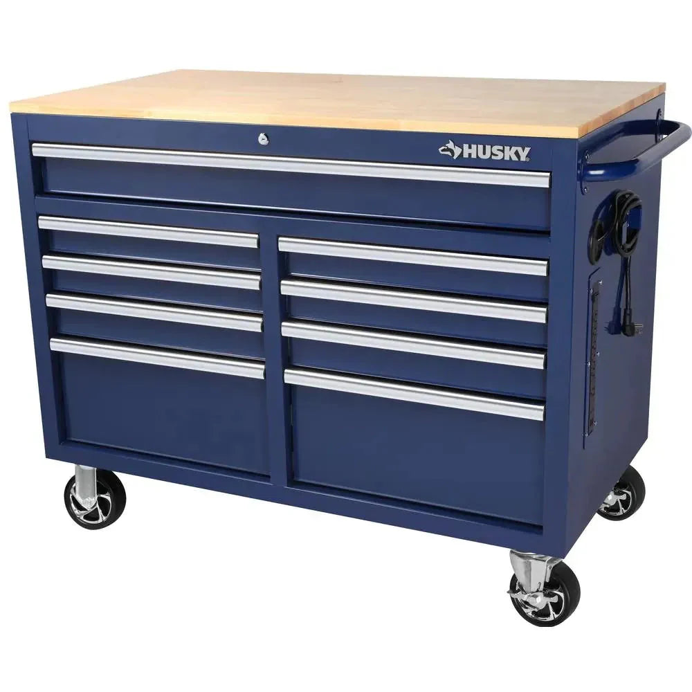 46-in W x 24.5-in D 9-Drawer Mobile Workbench with Hardwood Top and Power Station ?? Gloss Black