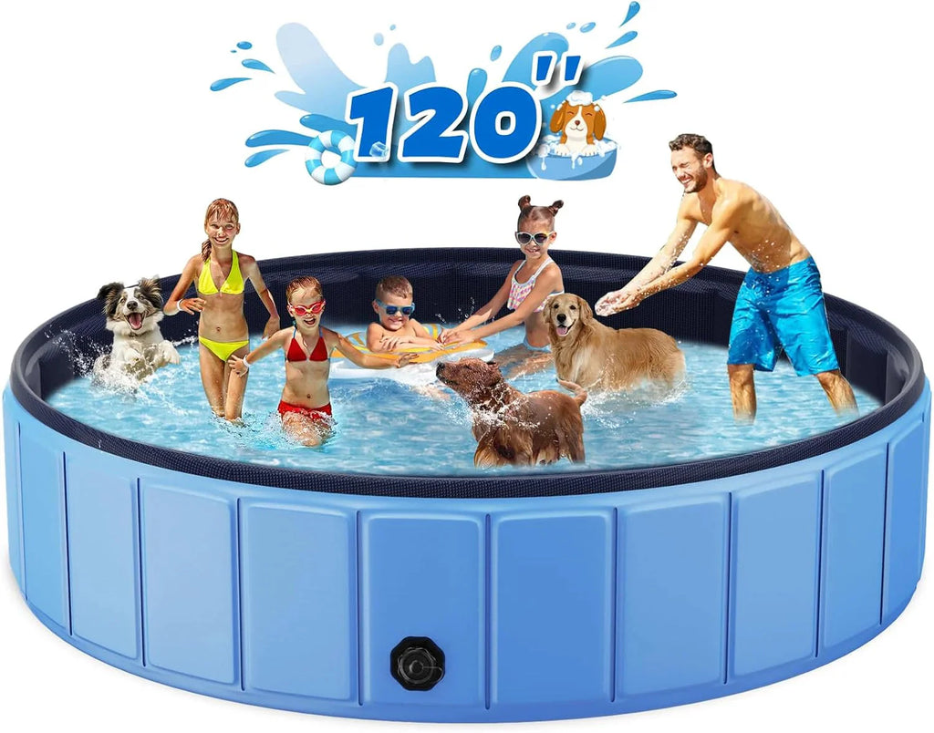 Foldable Dog Swimming Pool, 120x20 Oversize Collapsable Hard Plastic Potable Bathing Tub for Pet Dog Kiddie Pool Indoor and Outdoor Leakproof PVC Play Pool for Large Dogs Pets Puppy Kids Blue