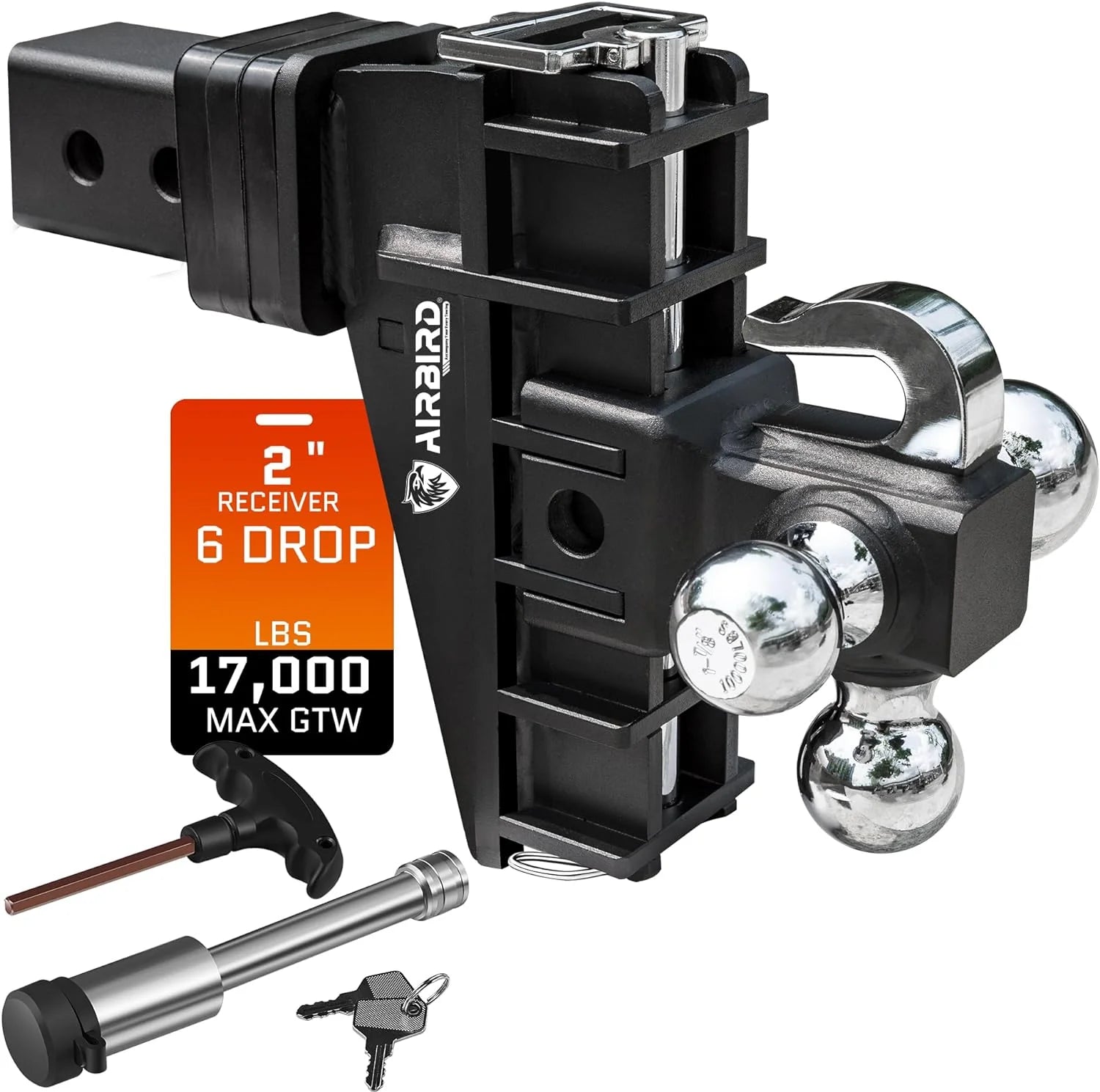 Adjustable Trailer Hitch Fits 2-Inch Receiver, Heavy Duty Tow Hitches (17000 LBS GTW) 6 Inch Drop Truck Hitch Tri-Ball Mount with Hook (1-7/8 x 2 x 2-5/16)