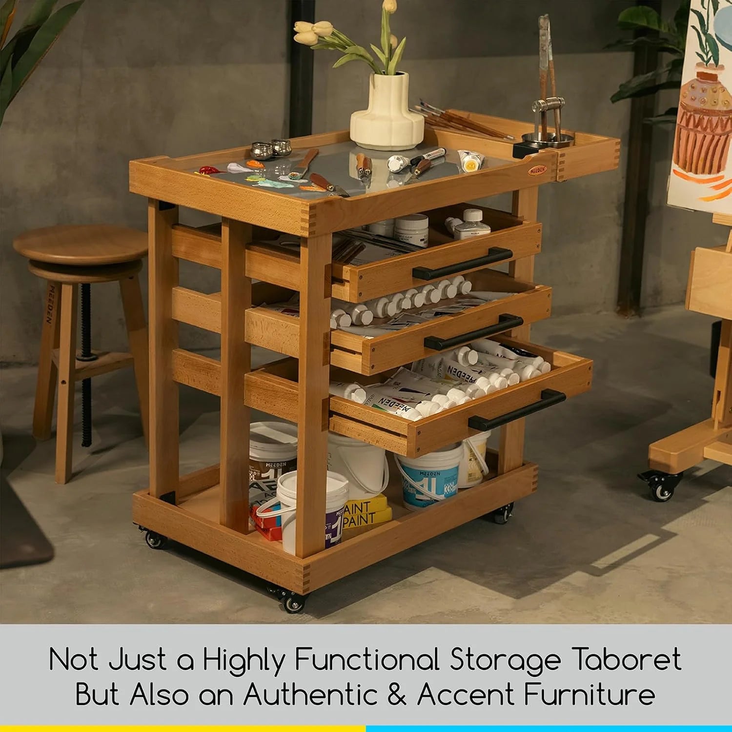MEEDEN 5-Tier Art Supplies Storage Cart, Beech Wood, 3 Drawers