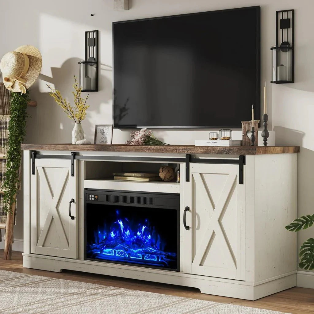 AMERLIFE Fireplace TV Stand with Sliding Barn Door for TVs up to 73, Farmhouse 63 Fireplace Entertainment Center with Storage Cabinets/Adjustable Shelves