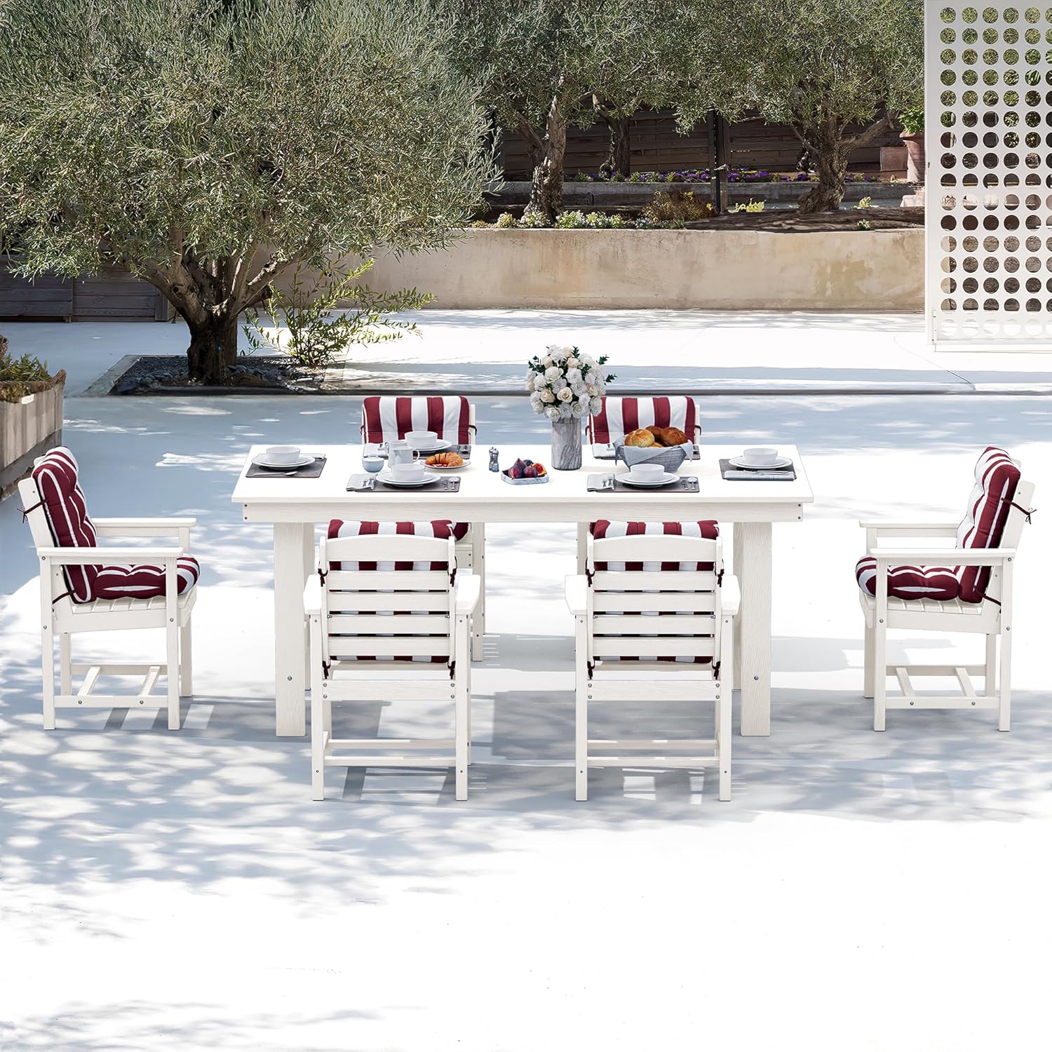 SERWALL 7-Piece Patio Table Set, Outdoor HDPE Dining Furniture with Umbrella Hole, All Weather Table and Chairs for Lawn, Garden, Poolside, Aruba