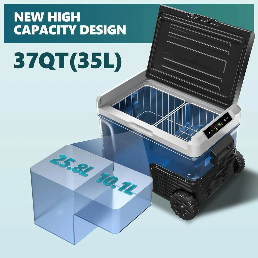 12 Volt Refrigerator, 53QT(50L) Electric Cooler, Portable Freezer 12V/24V DC 110-240V AC, 12V Fridge -4 ~68 , 12V Cooler with Wheels & 2 Baskets for Travel, Truck, Boat, Camping