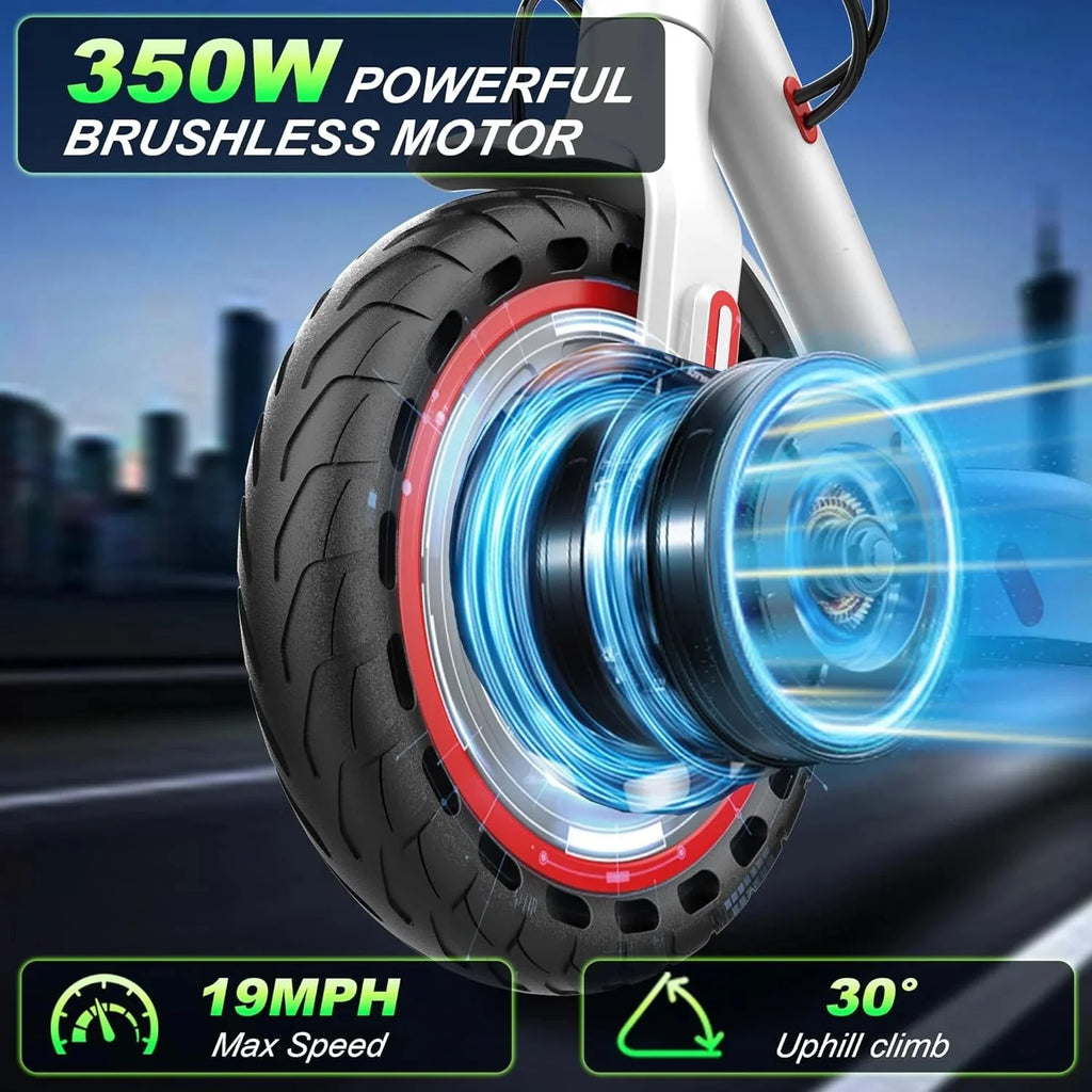 Electric Scooter - 8.5 Solid Tires, 350W Motor, Up to 19 MPH and 21-23 Miles Long-Range Portable Foldable Commuting Scooter for Adults with Double Braking System and App