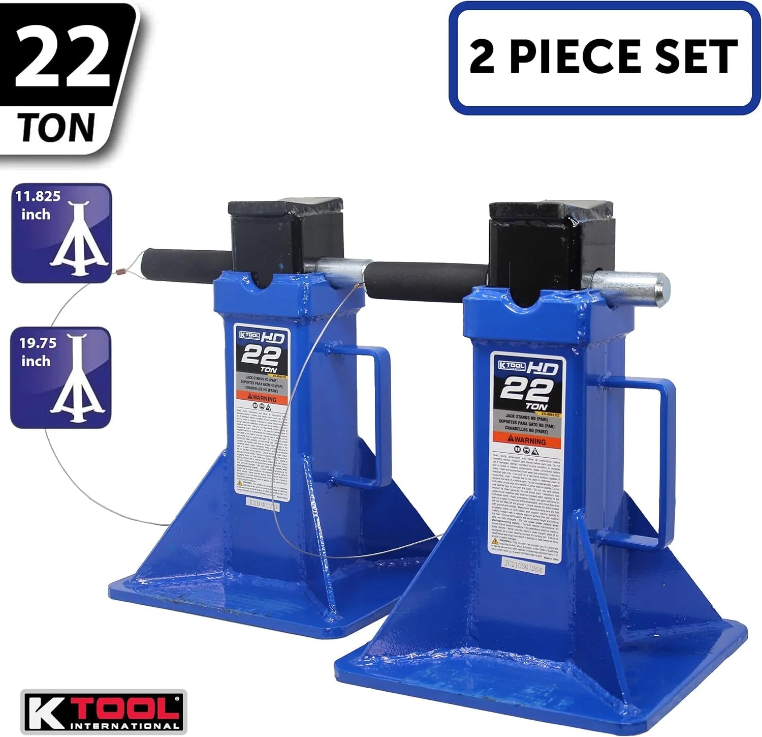 HD61222 22 Ton Automotive Jack Stands for Garages, Repair Shops, and DIY, Pin Style, V Shaped Saddle, Heavy Duty Steel Frame, Adjustable Height 11.825- 19.725, Black/Blue, Pair