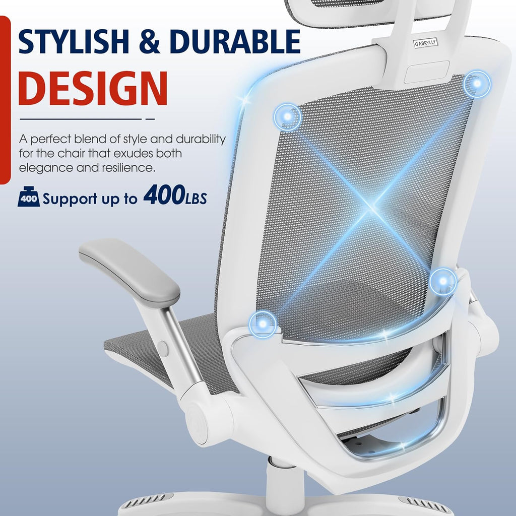 GABRYLLY Ergonomic Office Chair, High Back Home Desk Chair with Headrest, Flip-Up Arms, 90-120° Tilt Lock and Wide Cushion, Big and Tall Mesh Chairs for Man Woman, Black Task Chair