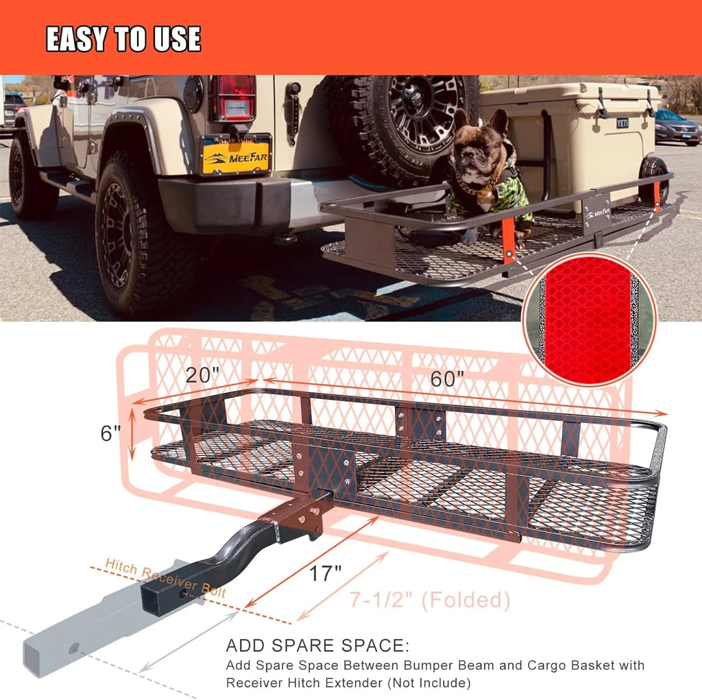 Folding hitch mounted cargo basket 60 With hook stabilizer, net and straps