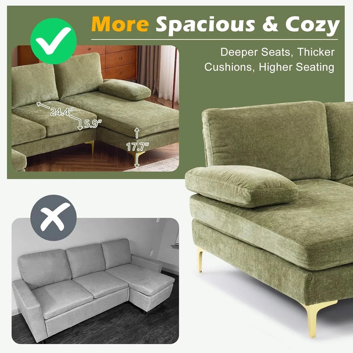 VINGLI 110 Sectional Couches for Living Room,U Shaped Couch with Double Chaise, 4-Seat Sofa Set with Chenille Fabric for Home Furniture,Beige