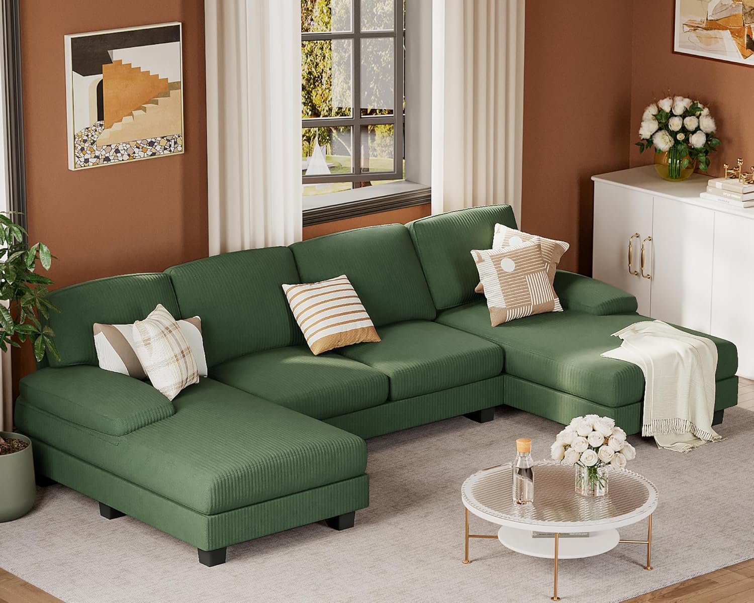 JUMMICO Sectional Couches for Living Room, U Shaped Couch with Chenille Fabric, 4 Seat Modern Sofa with Removable Pillows for Apartment and Small Space (Fabric, Grey)
