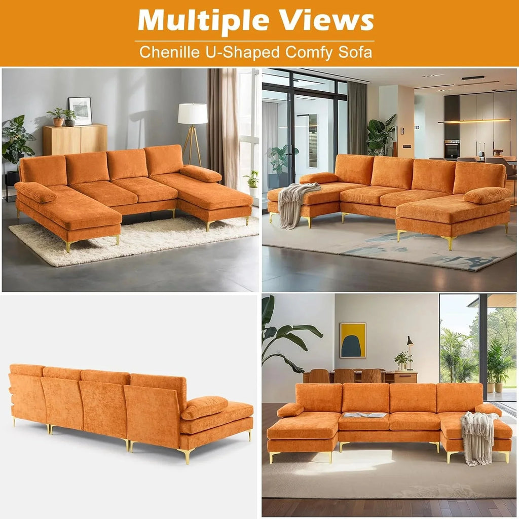 VINGLI 110 Sectional Couches for Living Room,U Shaped Couch with Double Chaise, 4-Seat Sofa Set with Chenille Fabric for Home Furniture,Beige