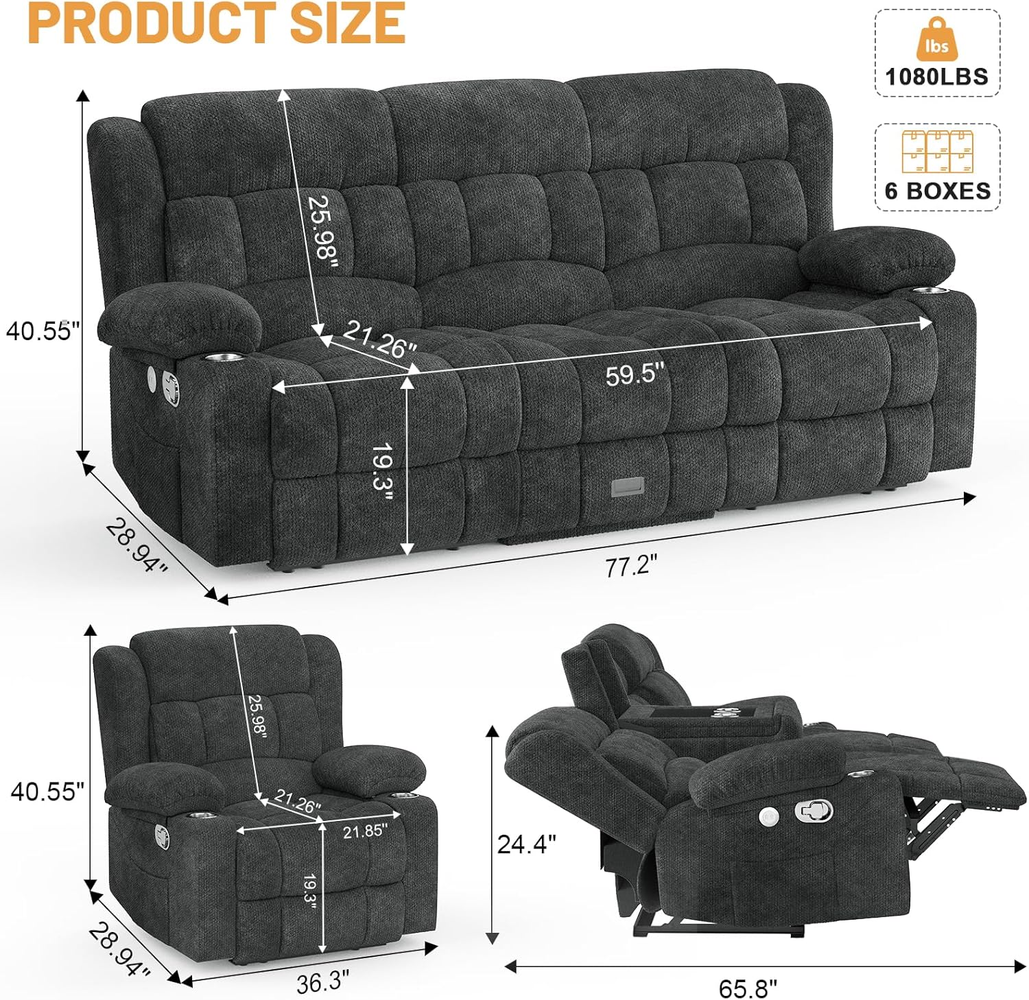 3 Seat Reclining Sofa with Storage Drawer USB Ports & Cup Holders Manual Couch