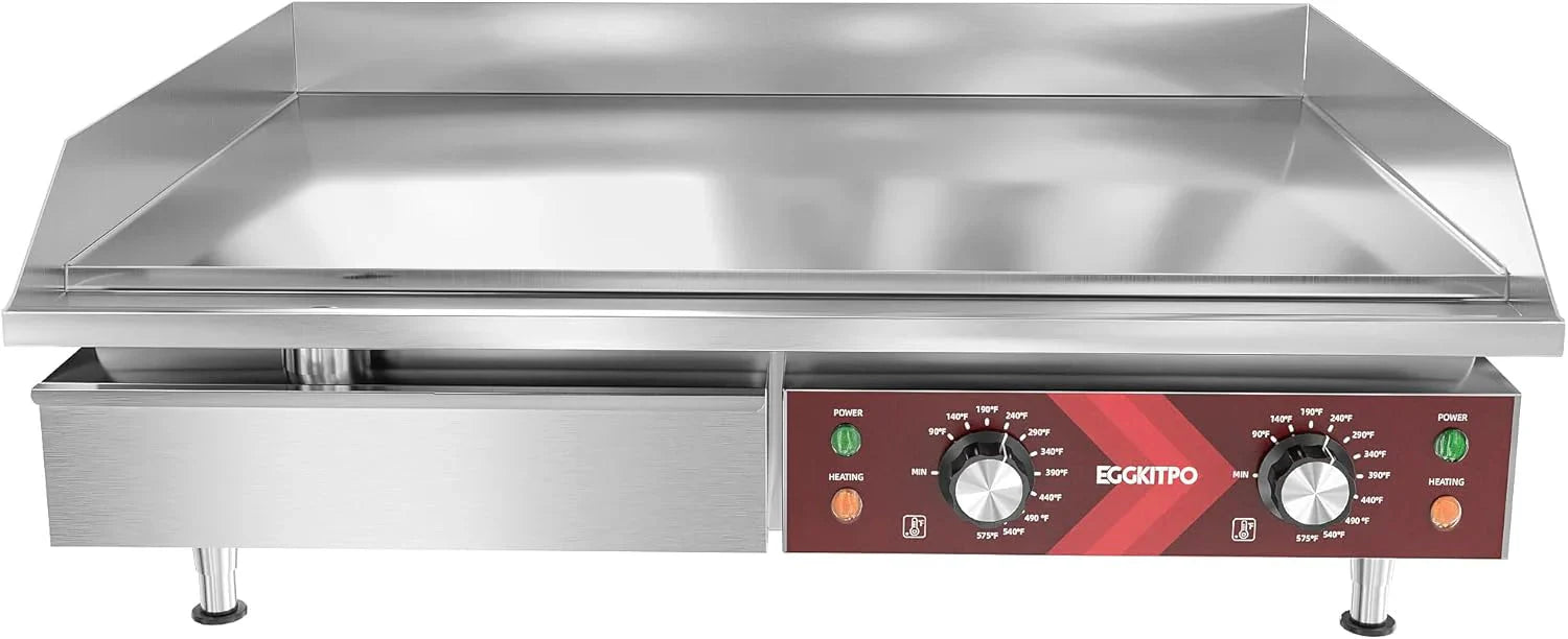 14 Inch Electric Griddle, Non-Stick Flat Top Grill Commercial Electric Countertop Griddles Stainless Steel Adjustable Temperature Control 90F-575F for Home or Restaurant Use