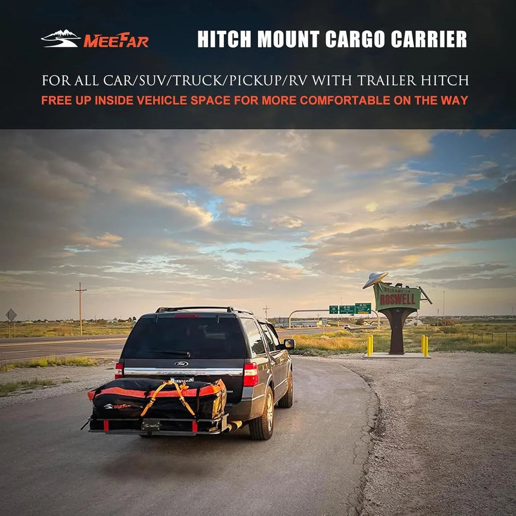 Folding hitch mounted cargo basket 60 With hook stabilizer, net and straps