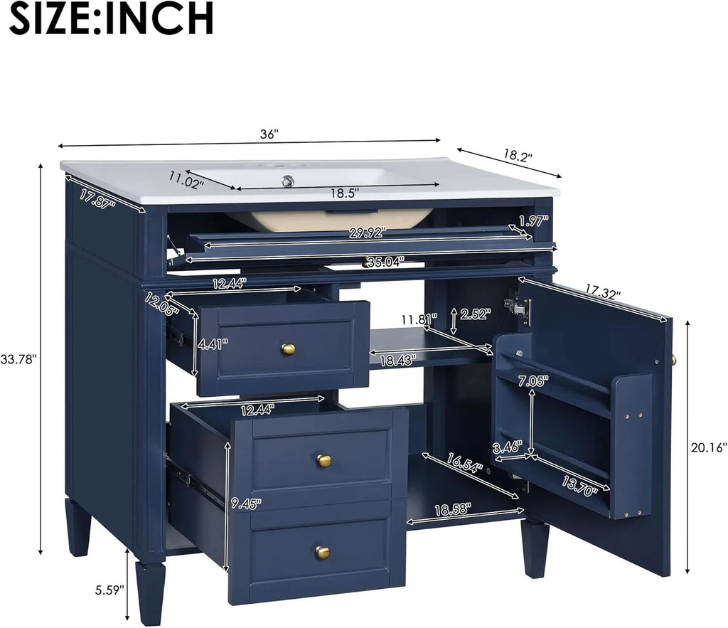 36 Bathroom Vanity with Single Sink Combo, Modern Undermount Bathroom Sink Cabinet with 2 Drawers and a Tip-Out Drawer, Freestanding Bathroom Vanities, Soft Closing, Solid Wood Frame