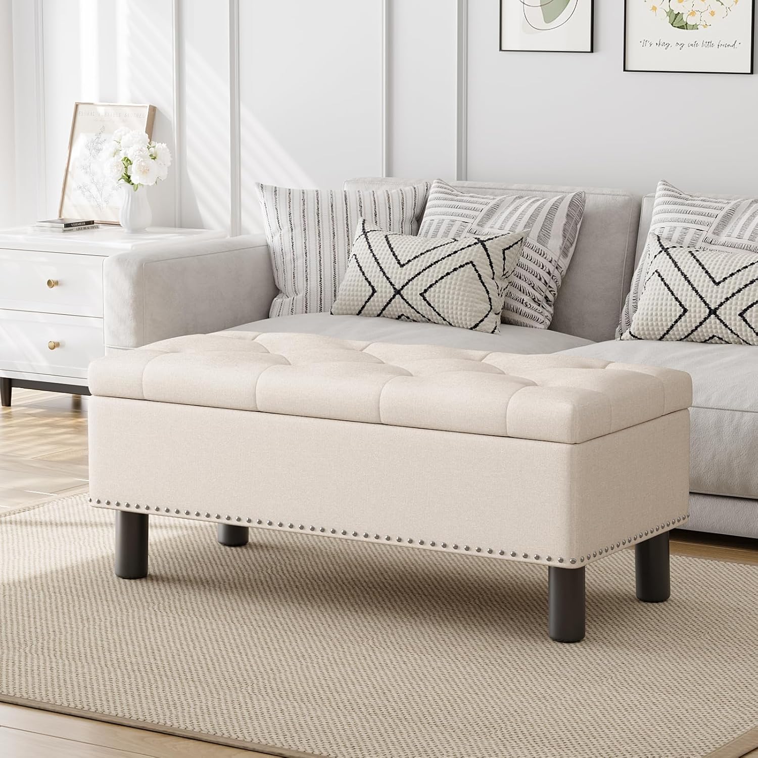Furniliving Modern Storage Ottoman Bench, Sherpa Ottoman End of Bed Bench with Solid Wood Legs Upholstered Ottoman Benches with Storage Indoor Bench for Living Room with Rolled Arm, Entryway, White