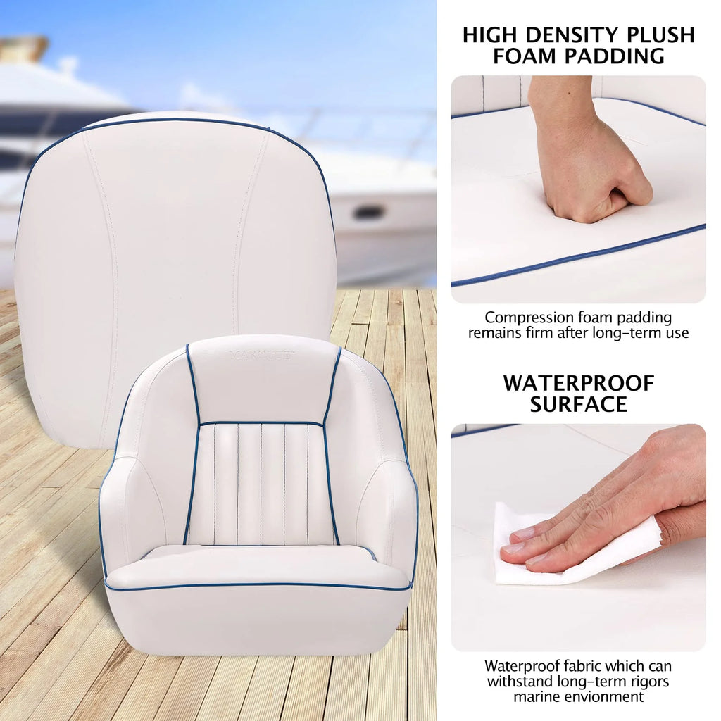 Pontoon Boat Seat, Captains Bucket Boat Seat, Back Folding Boat, Boat Cabin Seating – White & Blue