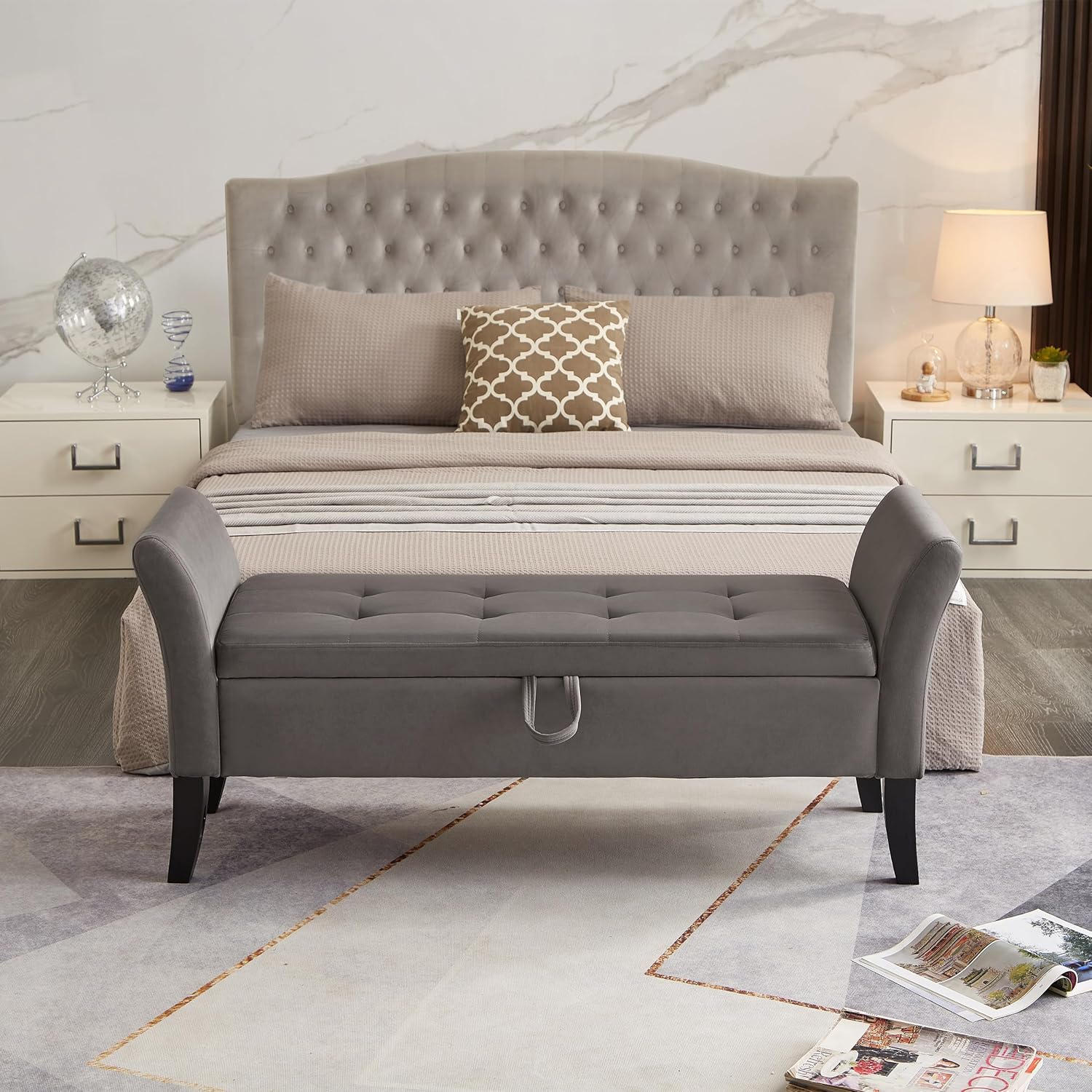 Furniliving Modern Storage Ottoman Bench, Sherpa Ottoman End of Bed Bench with Solid Wood Legs Upholstered Ottoman Benches with Storage Indoor Bench for Living Room with Rolled Arm, Entryway, White