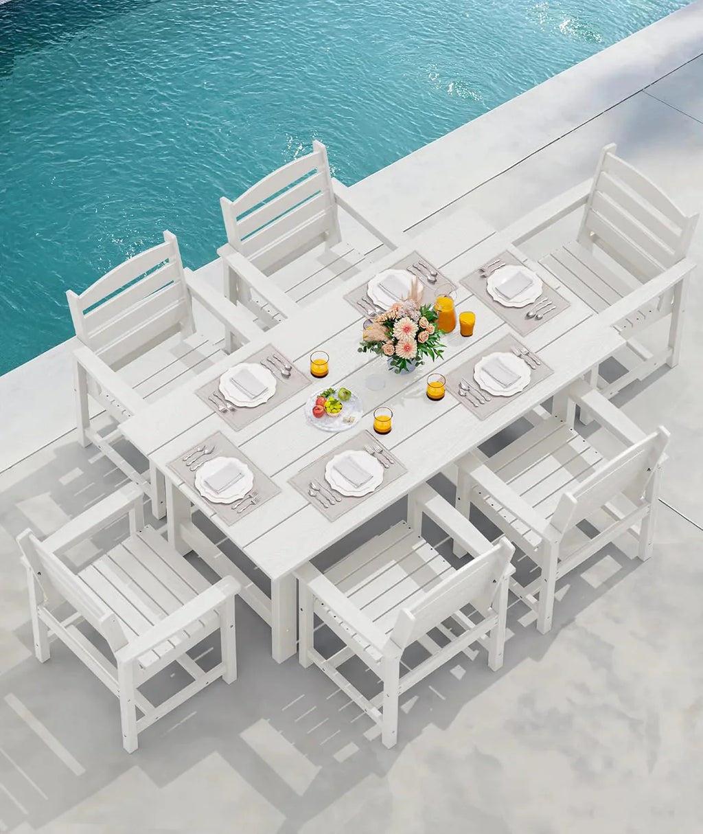 SERWALL 7-Piece Patio Table Set, Outdoor HDPE Dining Furniture with Umbrella Hole, All Weather Table and Chairs for Lawn, Garden, Poolside, Aruba