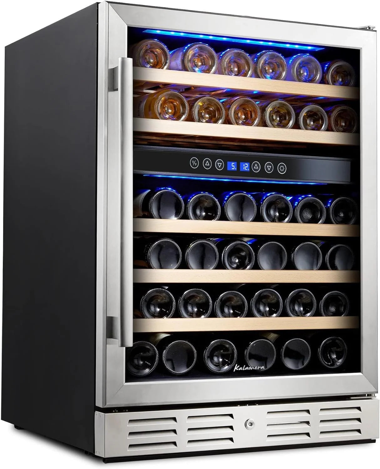 24 inch Wine Cooler, 46 Bottle - Dual Zone Built-in or Freestanding Fridge with Stainless Steel Reversible Glass Door, for Home, Kitchen, or Office.