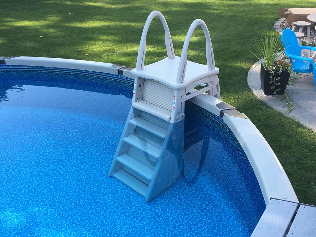Confer Plastics 7200 Roll Guard 48 to 56 Adjustable A Frame Safety Ladder For Above Ground Outdoor Patio Swimming Pool Platform Ladder with Step Barrier, Warm Grey