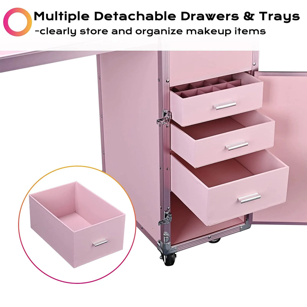 Byootique Portable Nail Desk & Makeup Station with Mirror, 4 Drawers, Bluetooth, USB, Pink