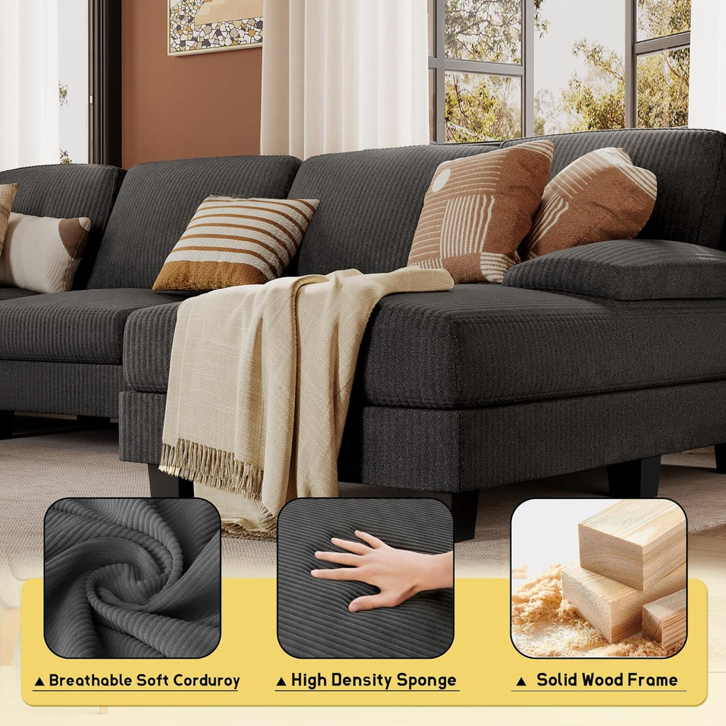 JUMMICO Sectional Couches for Living Room, U Shaped Couch with Chenille Fabric, 4 Seat Modern Sofa with Removable Pillows for Apartment and Small Space (Fabric, Grey)