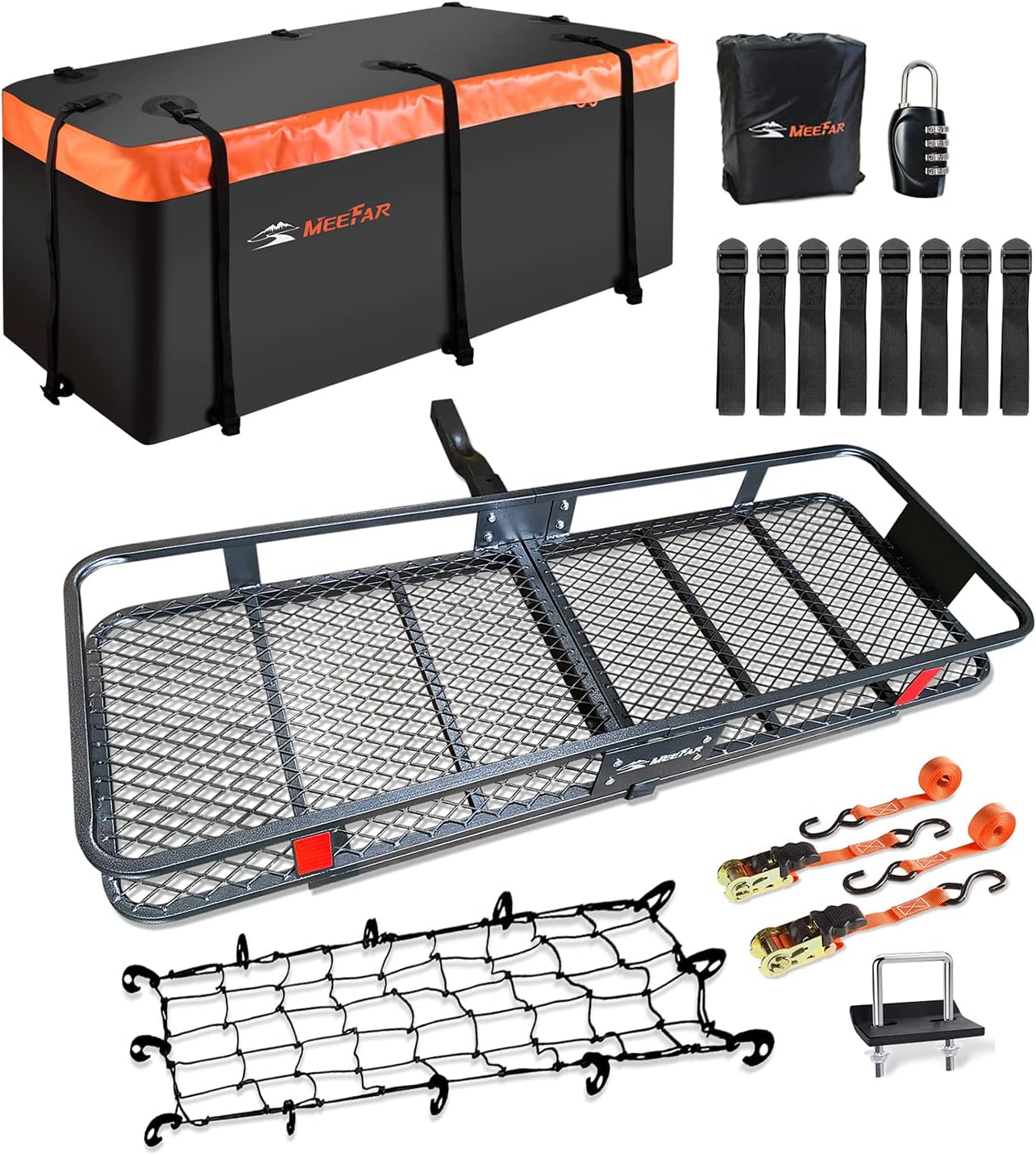 Folding hitch mounted cargo basket 60 With hook stabilizer, net and straps