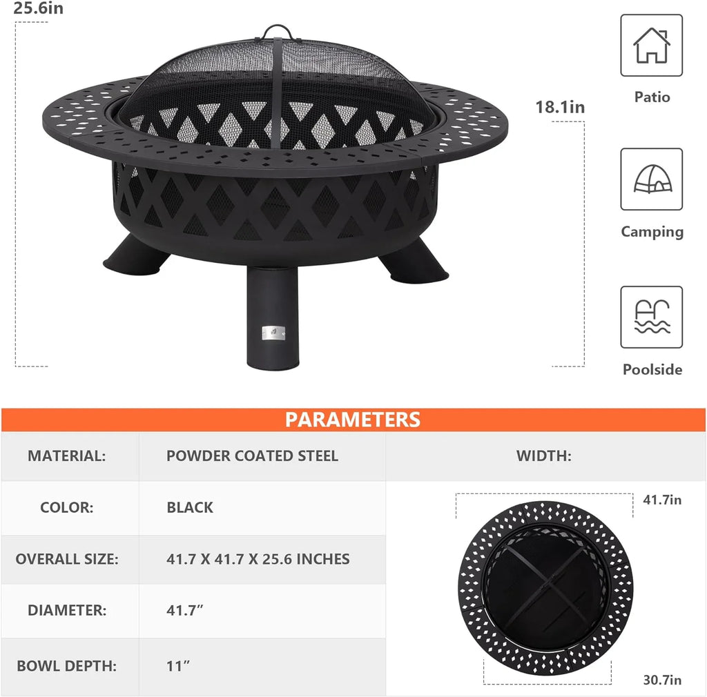 SUNCREAT 42” Patio Fire Pit Wood Burning with Mesh Spark Screen, Bonfire Outdoor firepit with Fireplace Poker, Black