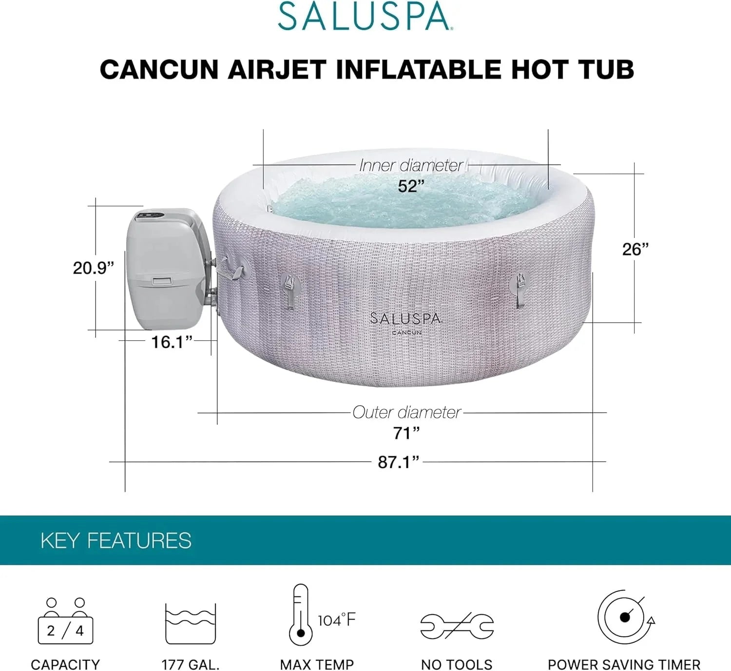 Bestway SaluSpa Fiji AirJet Large Round 2 to 4 Person Inflatable Hot Tub Portable Outdoor Spa with 120 AirJets and EnergySense Cover, Grey