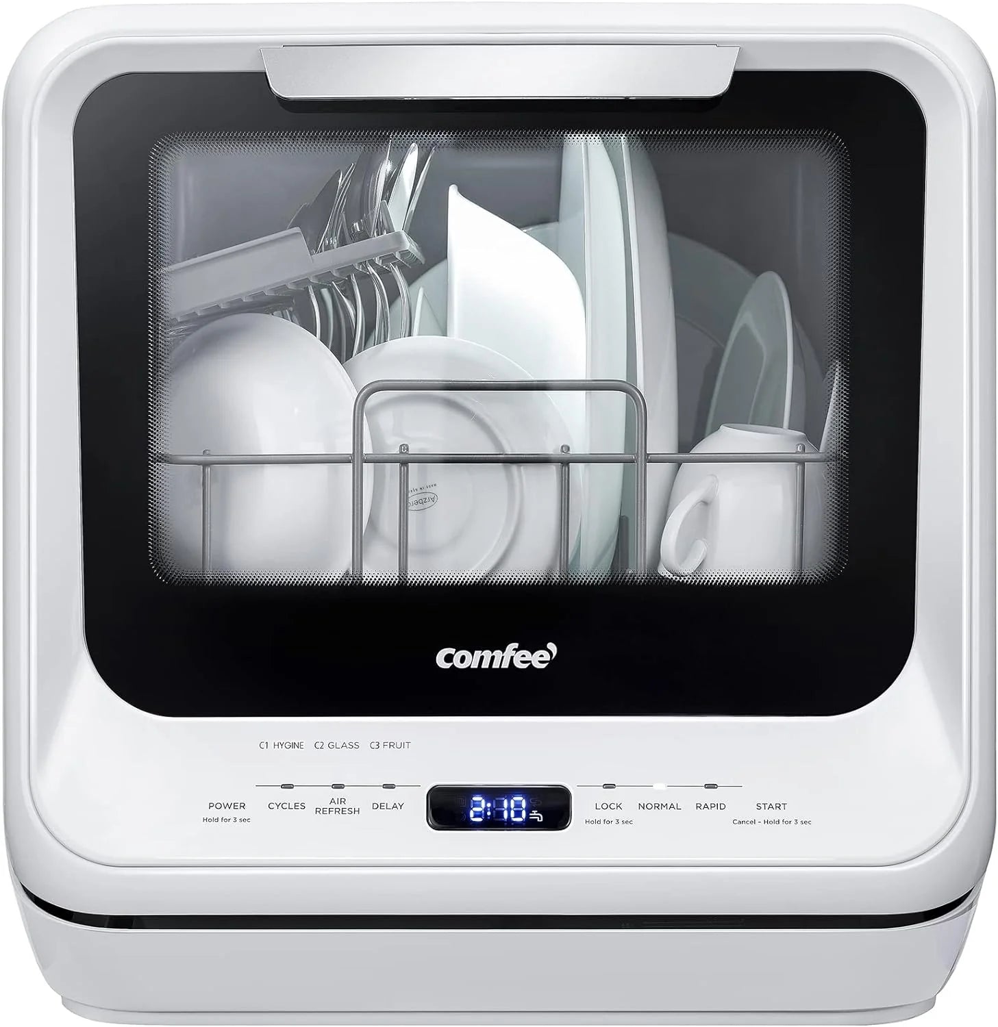COMFEE' Portable Dishwasher Countertop with 5L Built-in Water Tank, No Hookup Needed, 6 Programs, 360° Dual Spray, 192℉ High-Temp& Air-Dry Function, Mini Dishwasher for RVs, White