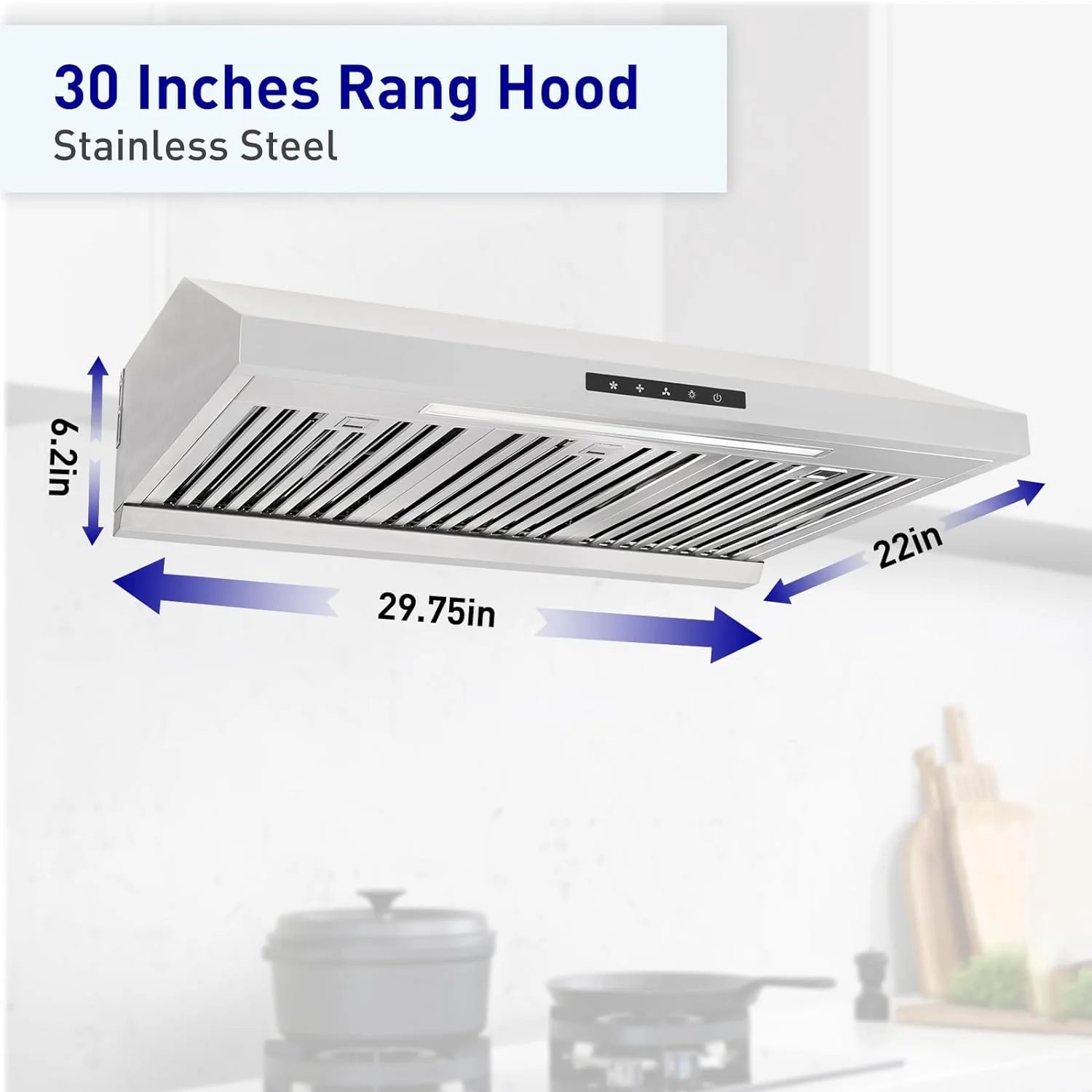 Powerful 30 Inch Under Cabinet Range Hood With Seamless Stainless Steel Body, Twin Turbo Motors, 3 Speed Touch Screen, Round Vent, Baffle Filters, LED Lights, Oil Collector