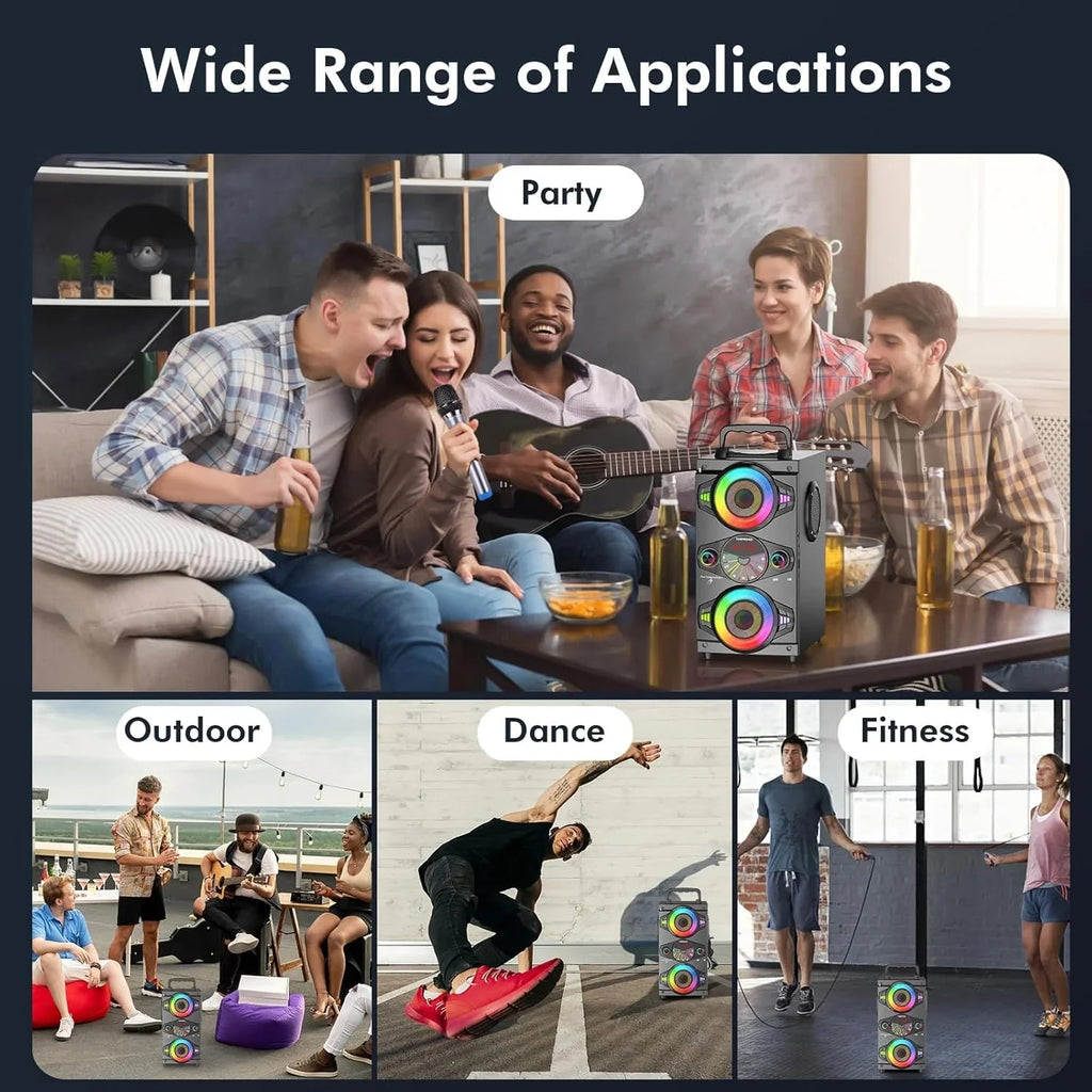 Speakers, 60W Portable Wireless Loud Outdoor Home Party Bluetooth Speaker with Subwoofer, FM Radio, LED Colorful Lights, Microphone, Remote and Big Powerful Stereo Deep Bass Sound Boombox