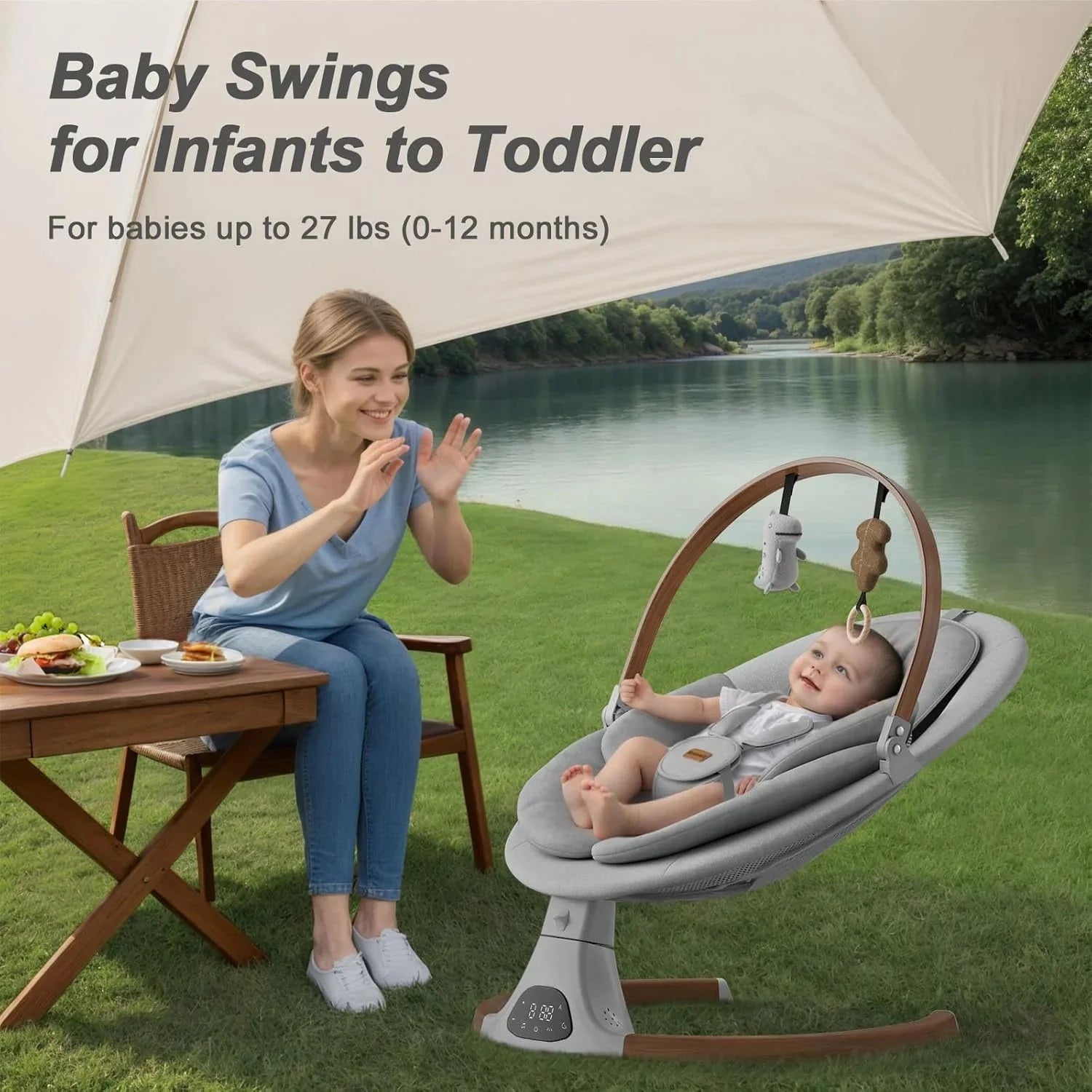 Baby Swings for Infants, Monamii Baby Swing, Bluetooth Infant Swing with Music Speaker, 5 Speeds and Remote Control, Indoor & Outdoor Use