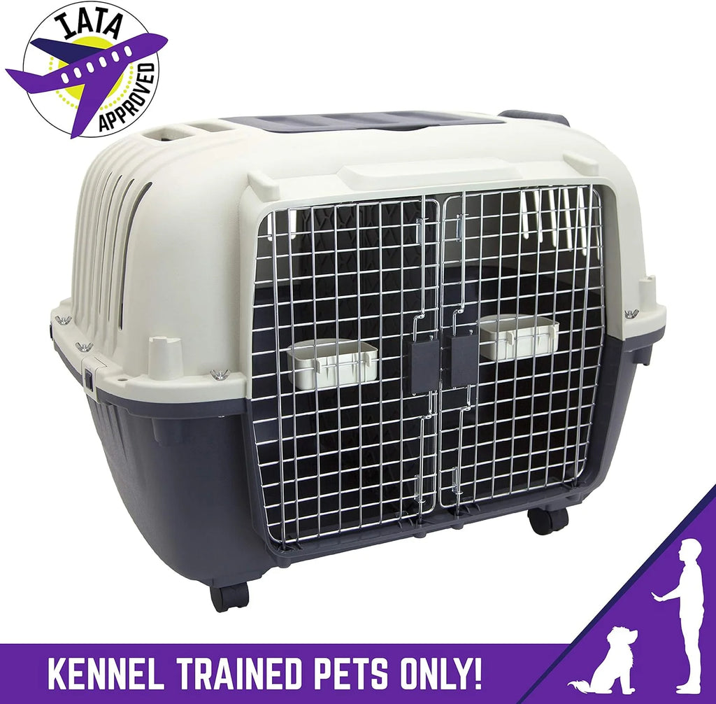 Designs Plastic Kennels Rolling Plastic Airline Approved Wire Door Travel Dog Crate, XXX-Large, Gray