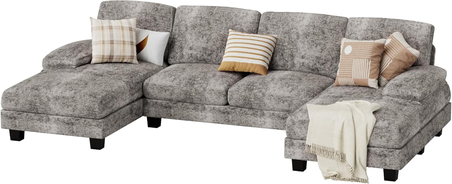 JUMMICO Sectional Couches for Living Room, U Shaped Couch with Chenille Fabric, 4 Seat Modern Sofa with Removable Pillows for Apartment and Small Space (Fabric, Grey)
