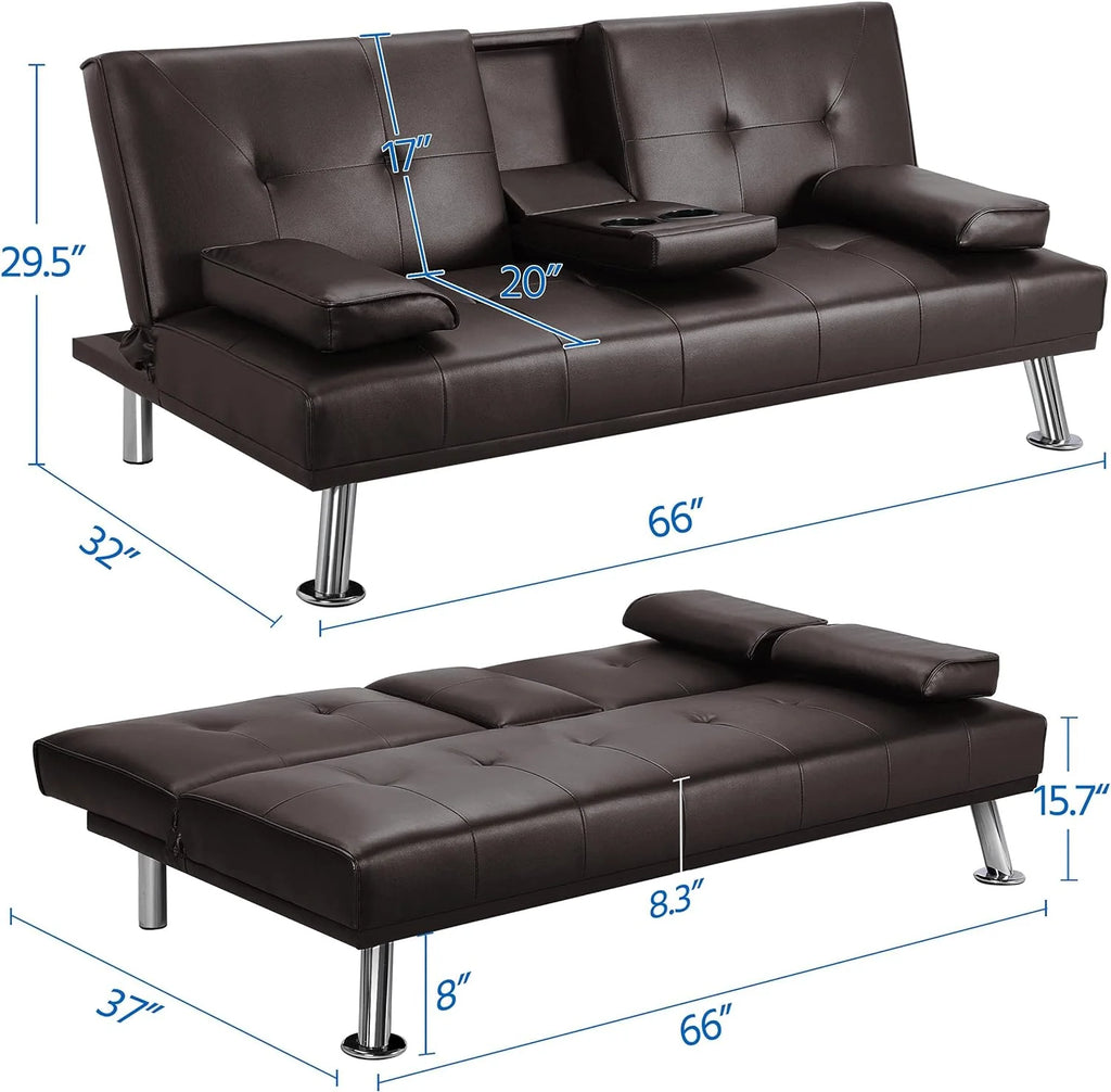 Yaheetech Convertible Sofa Bed Adjustable Couch Sleeper Modern Faux Leather Home Recliner Reversible Loveseat Folding Daybed Guest Bed, Removable Armrests, Cup Holders, 3 Angles, 772lb Capacity, Black