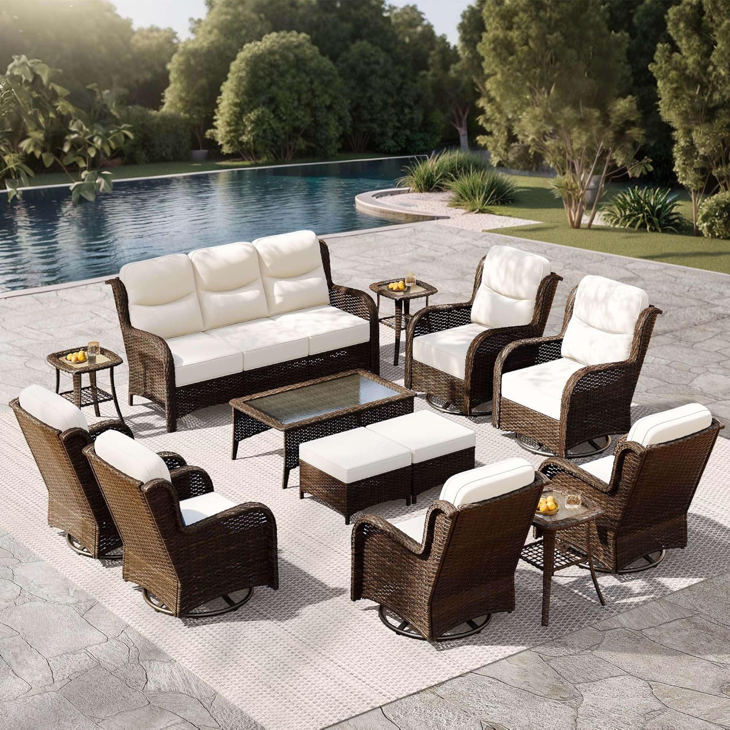 Outdoor Swivel Rocker Patio Chairs with 6-Inch Thick Cushions and Side Table, 3PCS High Back Wicker Patio Furniture Set for Porch, Balcony, Deck and Yard in Blue