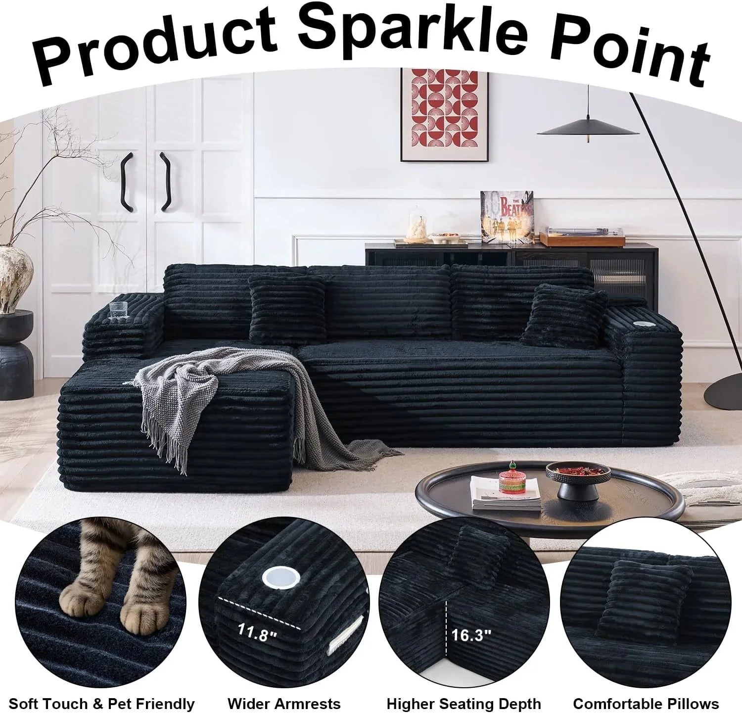 Cloud Sectional Couch with L-Shape Chaise, Modern Modular Sofa with Deep Seat, Built-in Cup Holder & Storage Pocket for Living Room Bedroom, No Assembly Required (Dark Gray, Left Sitting Chaise)