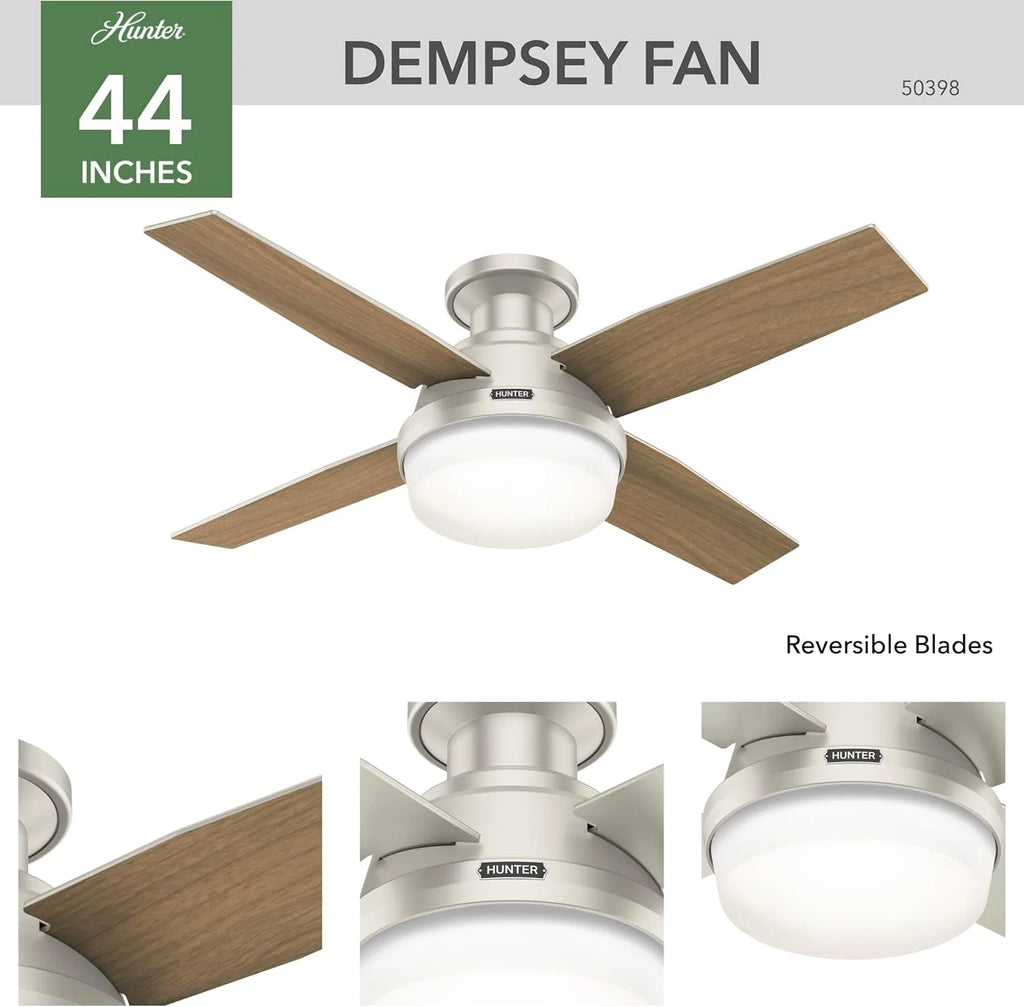 Hunter Fan Company Dempsey Low Profile Indoor / Outdoor Ceiling Fan with LED Light and Remote Control, 44, Matte Nickel