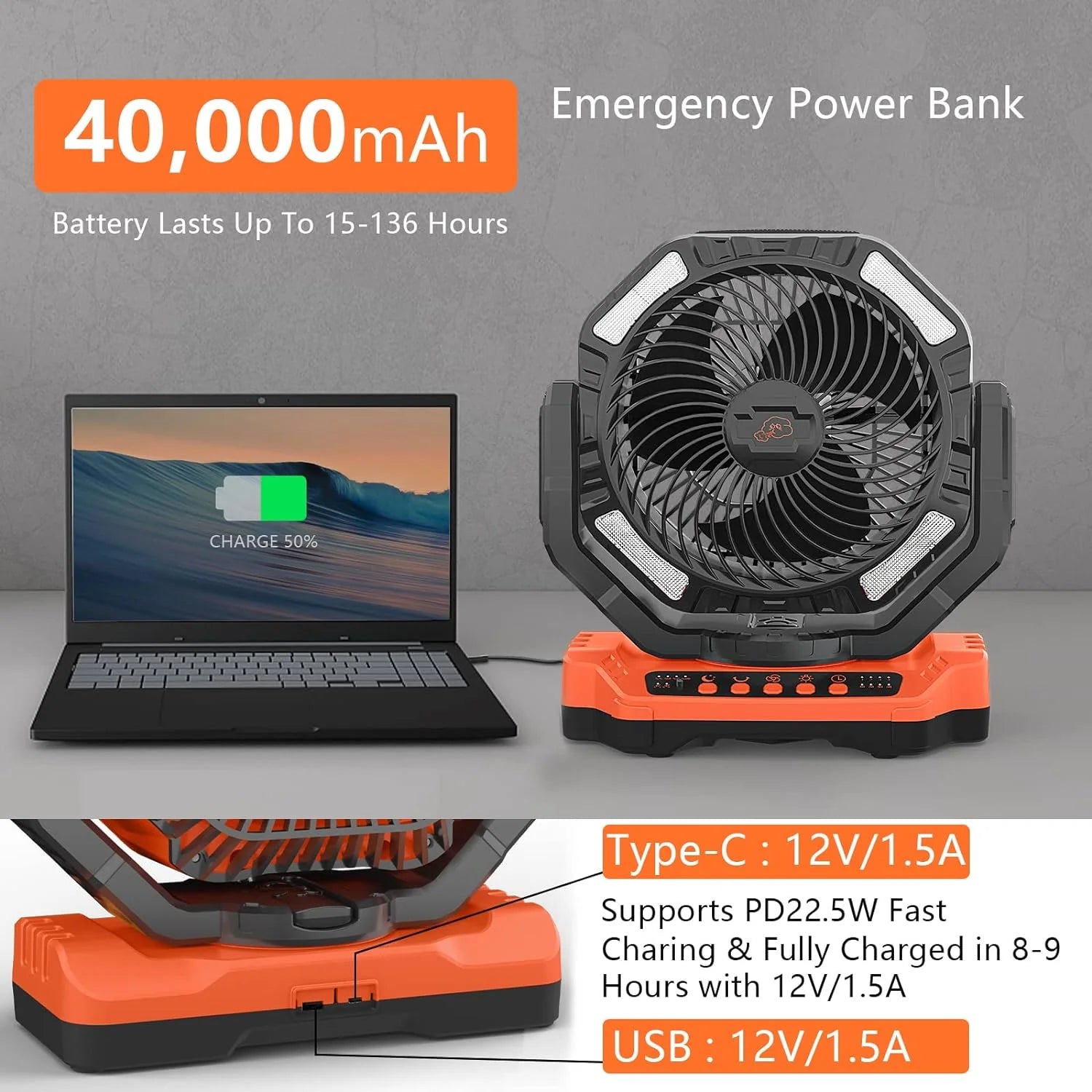 40,000mAh Battery Operated Fan, 13 Remote Camping Fan with LED Auto-Oscillating Rechargeable Fan Powerful Portable Desk Fan for Home, Camping, RV, Courtyard, Picnic, Emergency Power