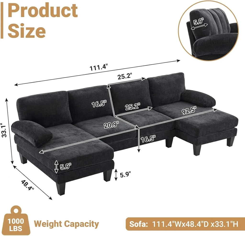 VINGLI 110 Sectional Couches for Living Room,U Shaped Couch with Double Chaise, 4-Seat Sofa Set with Chenille Fabric for Home Furniture,Beige