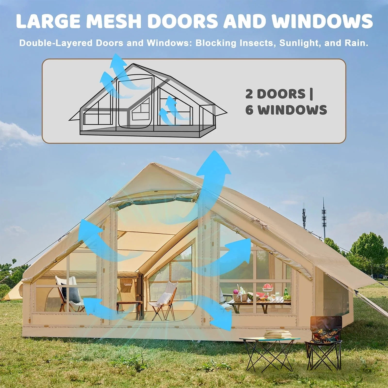 6 Person Inflatable Camping Tent with Pump, 10ft x7ft Glamping Family Tent Easy Setup 4 Season Waterproof Windproof Outdoor Blow Up Tent Luxury Oxford Cabin with Mesh Windows & Doors