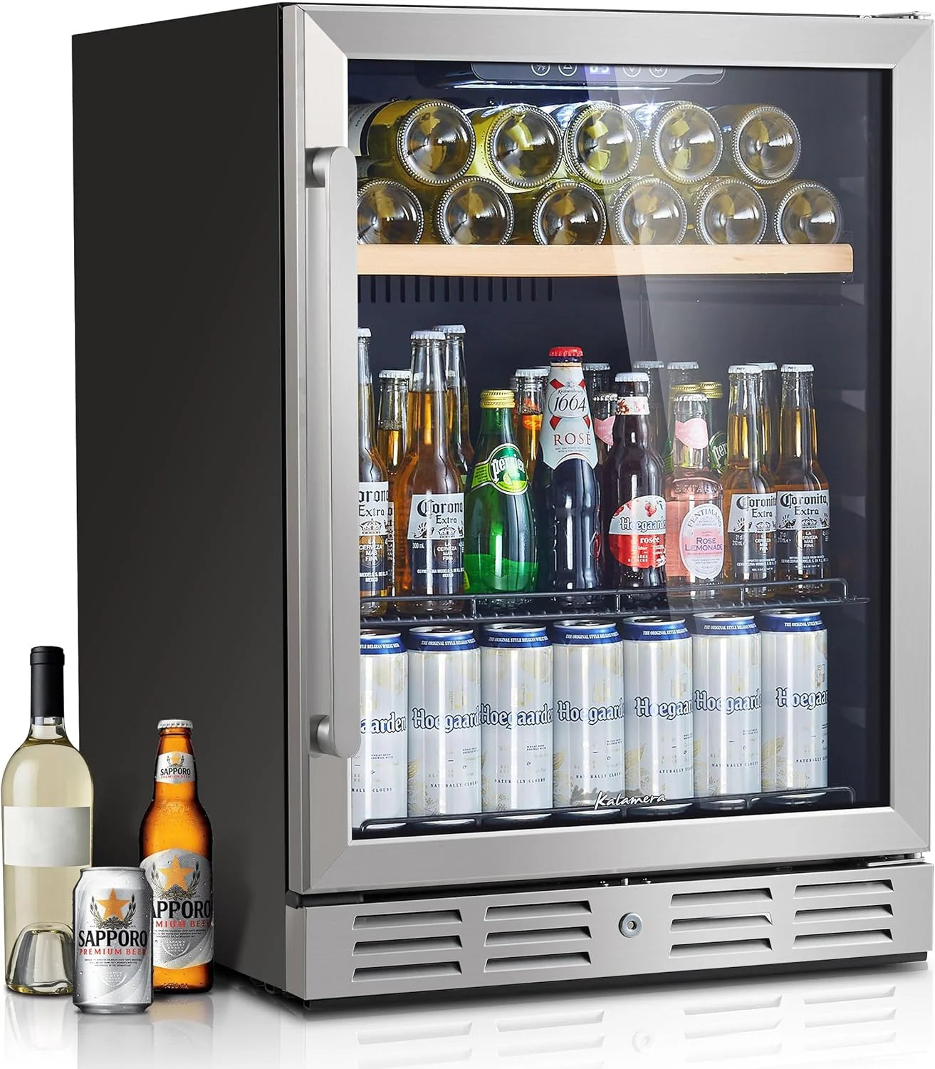 24 inch Wine Cooler, 46 Bottle - Dual Zone Built-in or Freestanding Fridge with Stainless Steel Reversible Glass Door, for Home, Kitchen, or Office.
