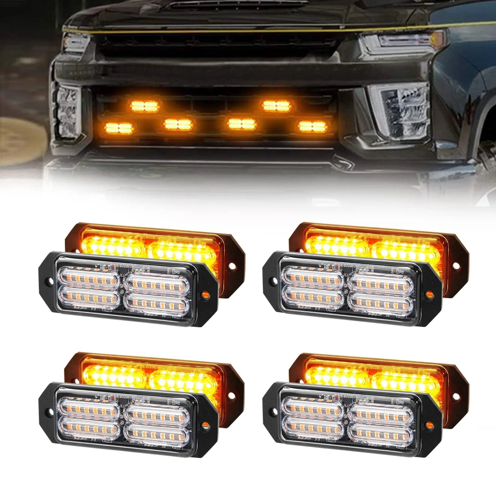Led Grille Strobe Lights YPF5 Amber, 24-Led Emergency Warning Light Bar Universal Surface Mount, 23 Flashing Mode, for Offroad Vehicle ATVs Truck,8PC Pack (PZ-CB-03-Y-8)